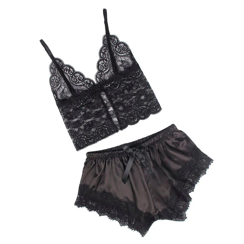 SUBBLIME - 953935 CHEMISE DE NUIT DÉCONTRACTÉE EN SOIE + PANTALON EN DENTELLE NOIR