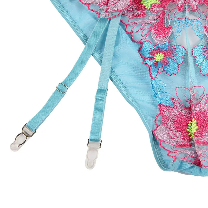 SUBBLIME - 954109 SOUTIEN-GORGE + CULOTTE AVEC PORTE-JARRETELLES MOTIF FLORAL BLEU