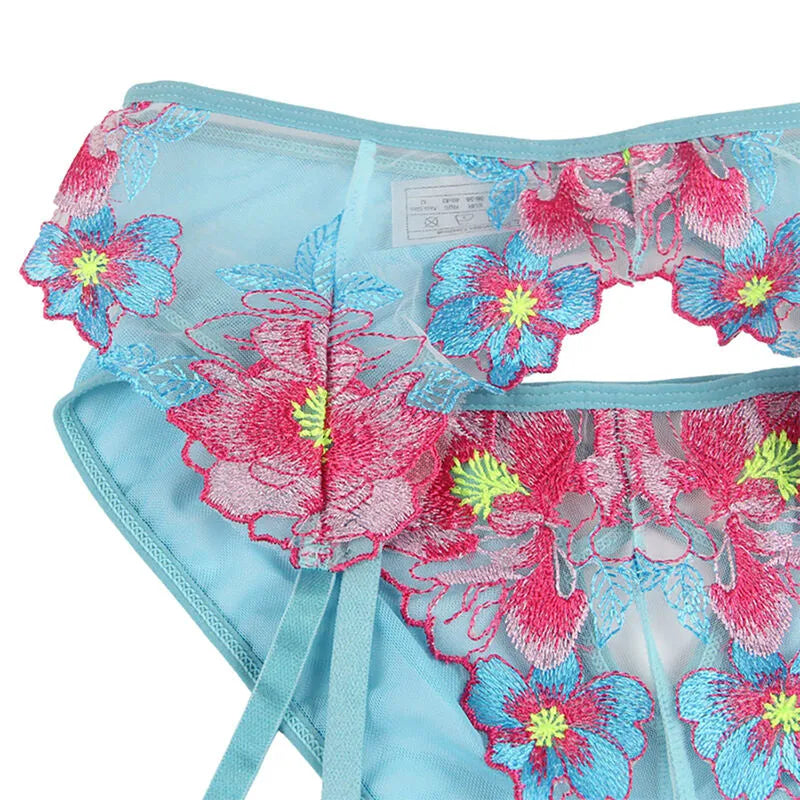 SUBBLIME - 954109 SOUTIEN-GORGE + CULOTTE AVEC PORTE-JARRETELLES MOTIF FLORAL BLEU