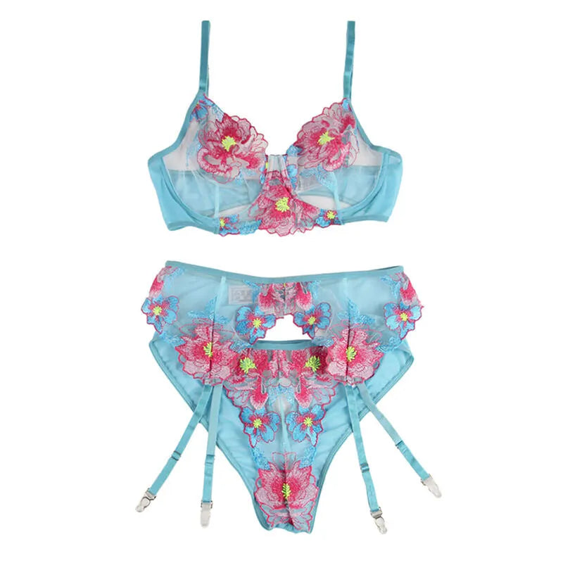 SUBBLIME - 954109 SOUTIEN-GORGE + CULOTTE AVEC PORTE-JARRETELLES MOTIF FLORAL BLEU