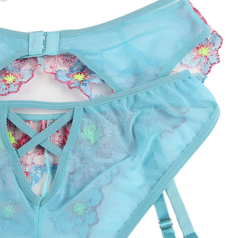 SUBBLIME - 954116 SOUTIEN-GORGE + CULOTTE AVEC PORTE-JARRETELLES MOTIF FLORAL BLEU