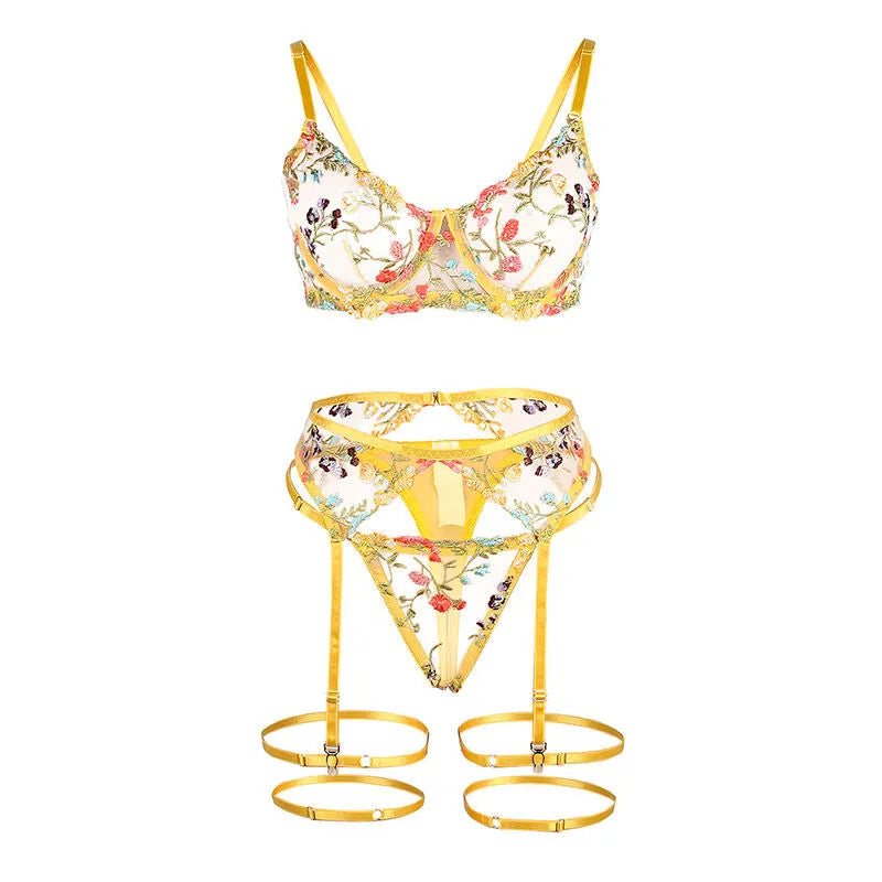 SUBBLIME - 954345 SOUTIEN-GORGE + STRING + PORTE-JARRETELLES MOTIF FLORAL JAUNE