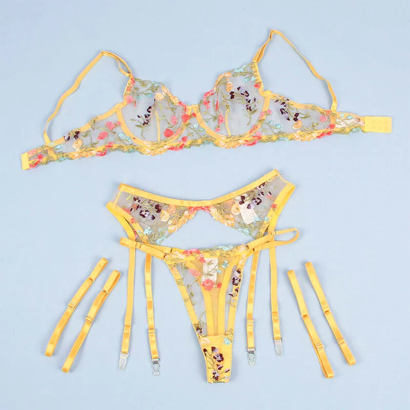 SUBBLIME - 954345 SOUTIEN-GORGE + STRING + PORTE-JARRETELLES MOTIF FLORAL JAUNE
