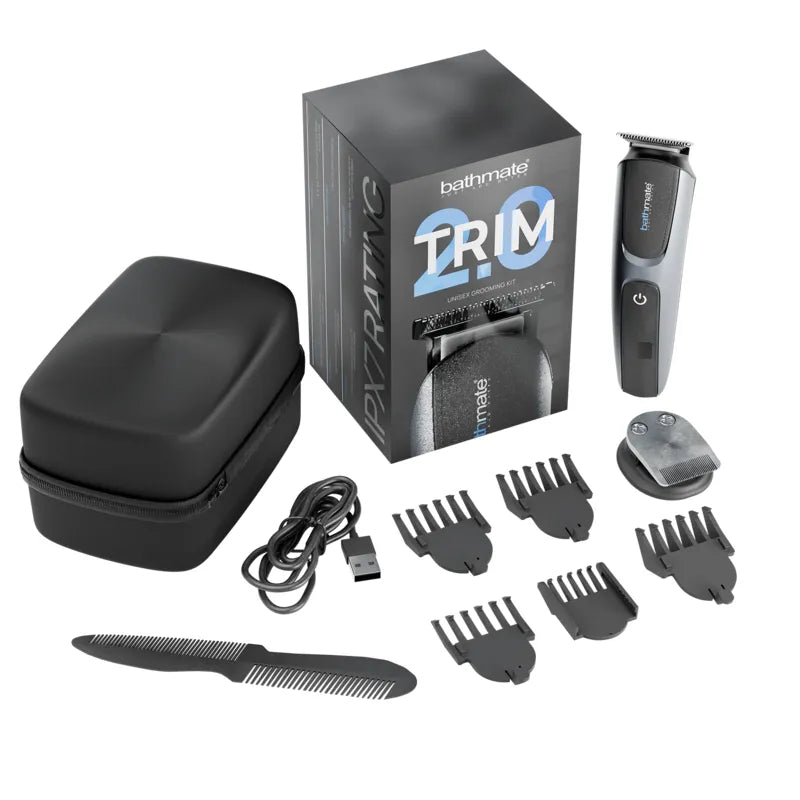 Rasoir Bathmate Trim 2.0 noir avec accessoires: têtes interchangeables, peigne, étui, câble USB; toilettage précis.