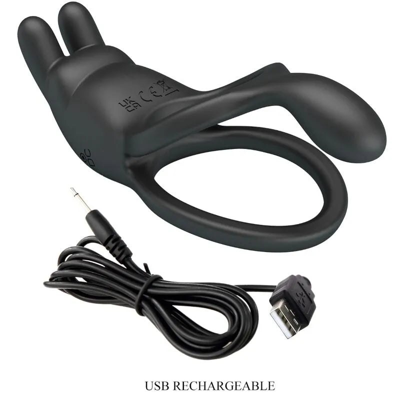 Anneau pénien vibrant noir en silicone, design ergonomique, stimulation clitoridienne, retard éjaculation, câble USB inclus.