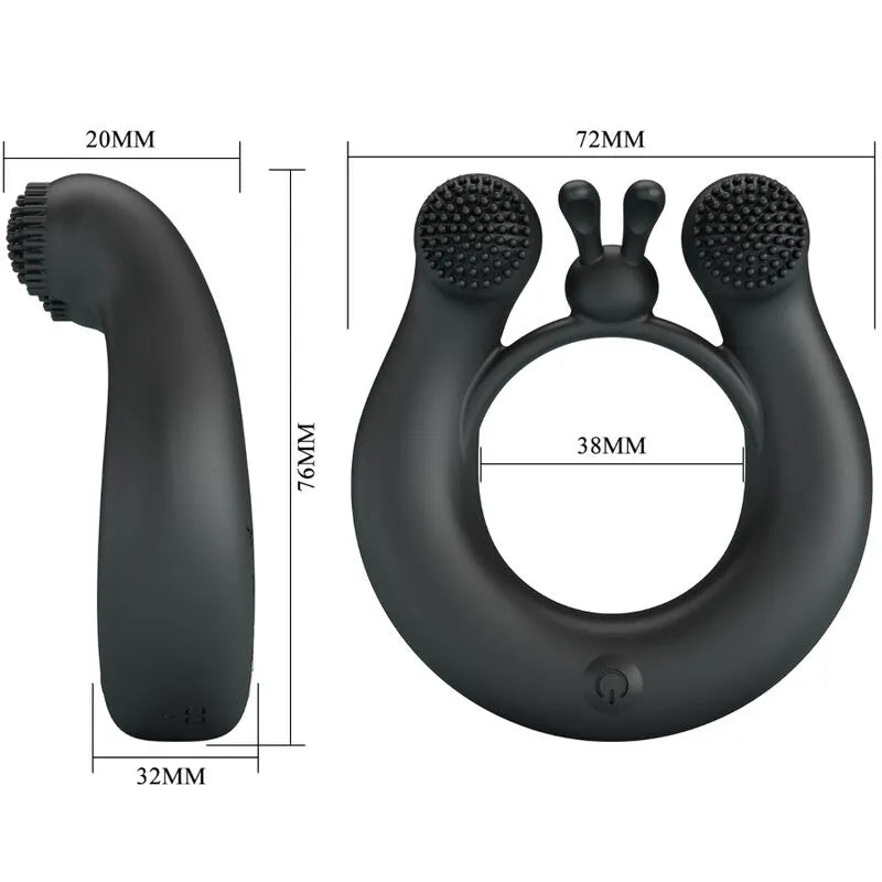 Anneau vibrant silicone noir, 12 modes, rechargeable USB, design ergonomique, stimulation intense, dimensions visibles.
