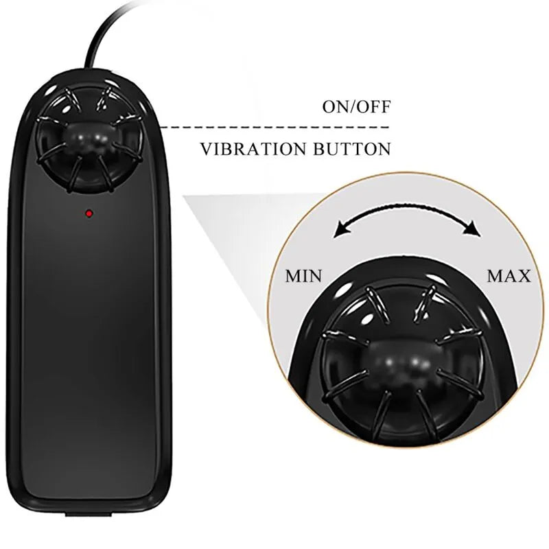 Télécommande noire du vibromasseur Baile Bahamut avec bouton de vibration et réglage d'intensité visible.