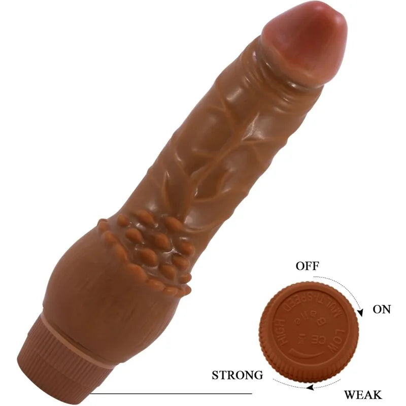 Vibromasseur réaliste mulâtre 19,5 cm avec tige veinée et base réglable pour vibrations, idéal pour plaisir intense.