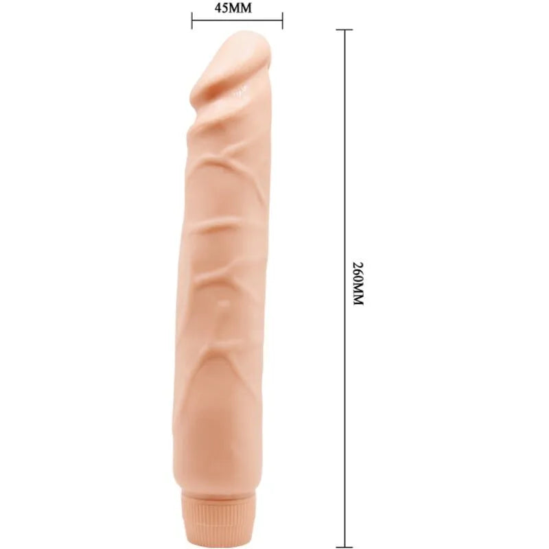 Vibromasseur réaliste beige 26 cm avec tige veinée, design sculpté, fonction vibration pour expérience authentique.