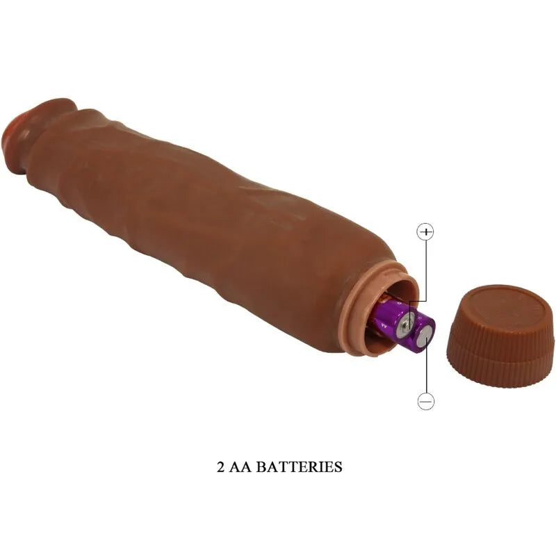 Vibromasseur réaliste mulâtre 26 cm avec texture veinée, fonction vibration, capuchon à piles, design sculpté.
