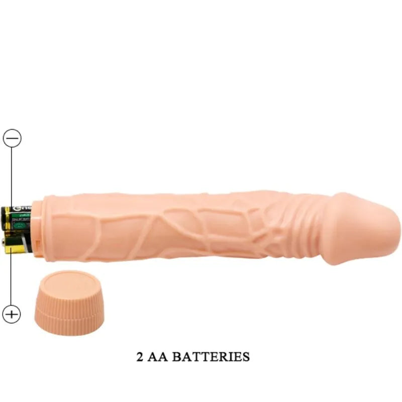 Vibromasseur réaliste Baile 22,5 cm, couleur chair, texture veinée, fonction vibration, fonctionne avec 2 piles AA.