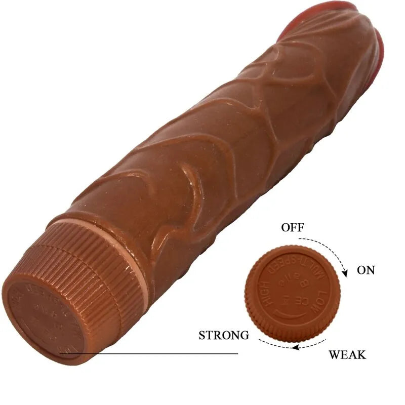 Vibromasseur réaliste mulâtre 22,5 cm, texture veinée, fonction vibration, design sculpté pour plaisir intense.