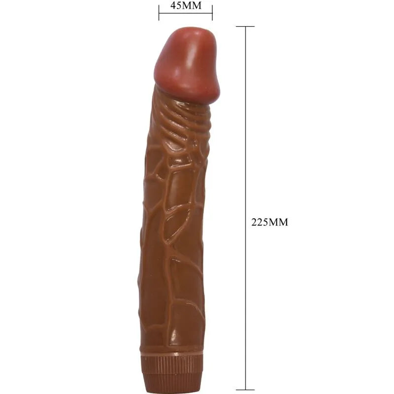 Vibromasseur réaliste mulâtre 22,5 cm, texture veinée, couleur marron, tête rouge, fonction vibration, design sculpté.
