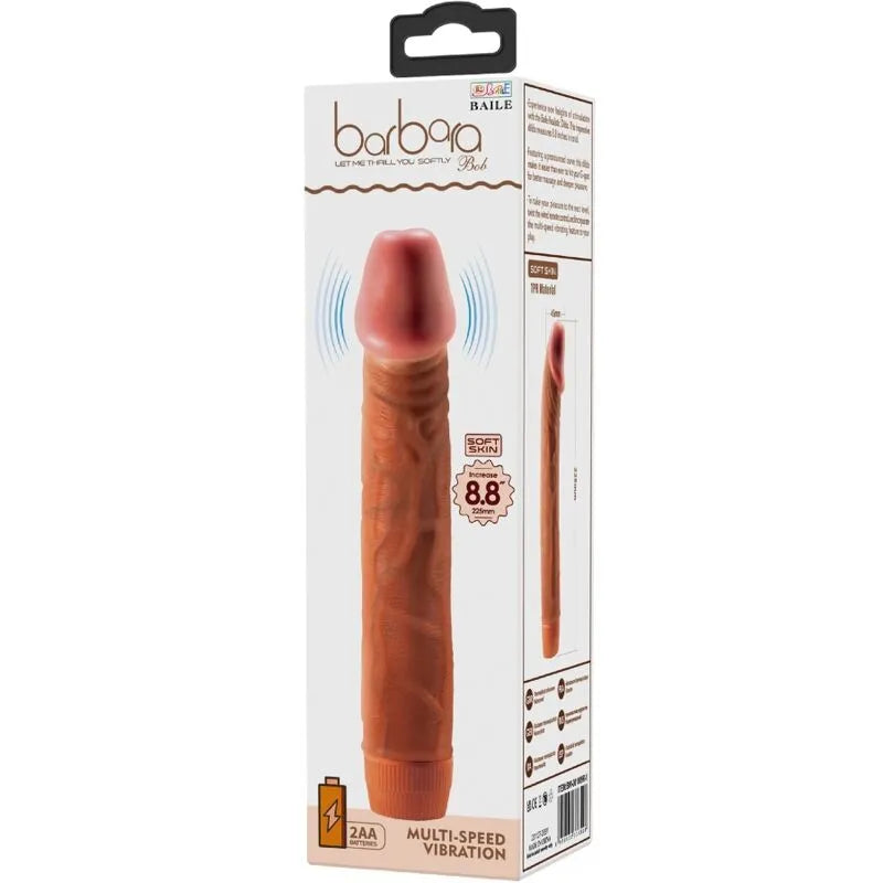 Vibromasseur réaliste Baile 22,5 cm mulâtre, texture veinée, couleur peau, emballage détaillé, fonction vibration.