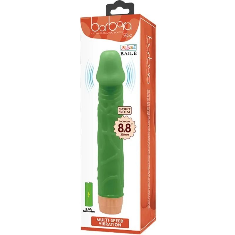 Vibromasseur réaliste vert 22,5 cm, texture veinée, multi-vitesses, emballage Baile, expérience réaliste et satisfaisante.