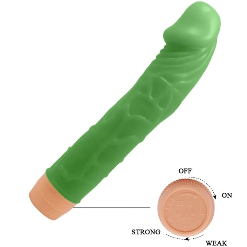Vibromasseur réaliste vert 22,5 cm avec tige veinée et base réglable, idéal pour une expérience sensorielle intense.
