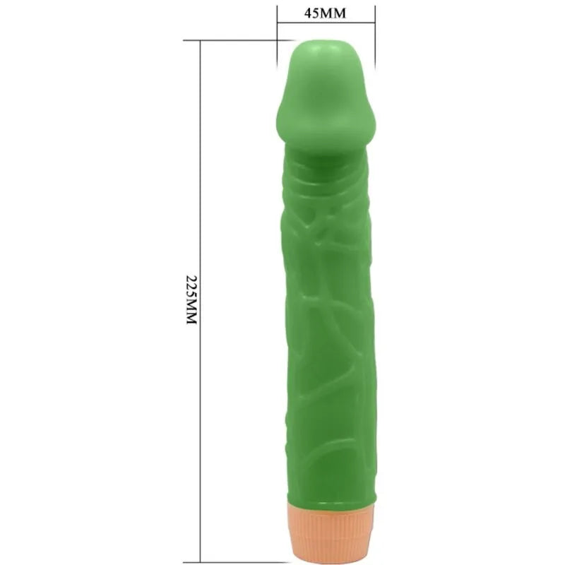 Vibromasseur réaliste vert 22,5 cm avec tige veinée et fonction vibration, idéal pour plaisir en solo ou en couple.