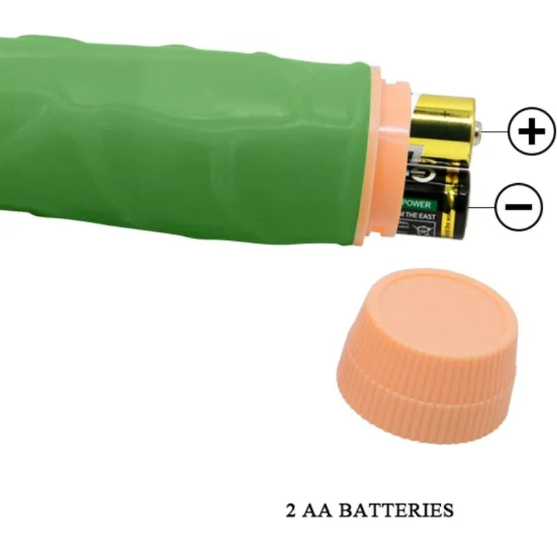Vibromasseur réaliste vert 22,5 cm avec tige veinée, capuchon orange, fonction vibration, fonctionne avec 2 piles AA.