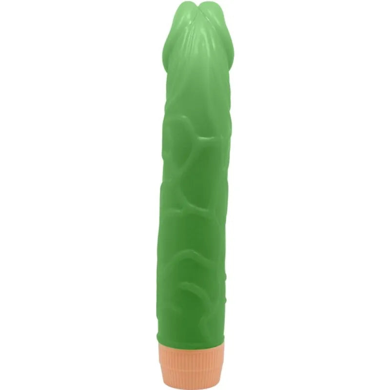 Vibromasseur réaliste vert 22,5 cm avec tige veinée, conçu pour une expérience sensorielle intense et satisfaisante.