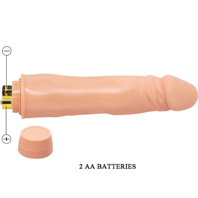 Vibromasseur réaliste Baile 21 cm couleur chair avec tige veinée, fonction vibration, fonctionne avec 2 piles AA.