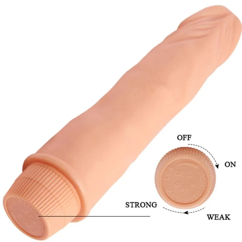 Vibromasseur réaliste BAILE 21 cm, couleur chair, tige veinée, bouton de réglage intensité, texture douce.