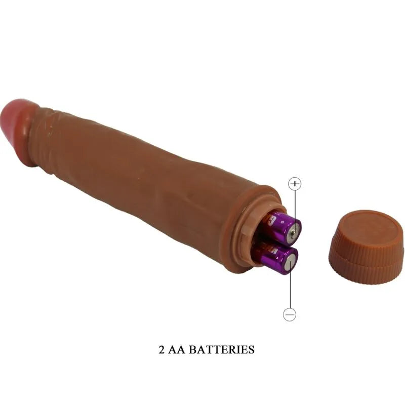 Vibromasseur réaliste mulâtre 21 cm avec tige veinée et fonction vibration, couleur chair, fonctionne avec 2 piles AA.
