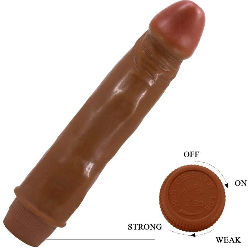 Dildo réaliste mulâtre 21 cm avec texture veinée, fonction vibration, couleur marron, base réglable.