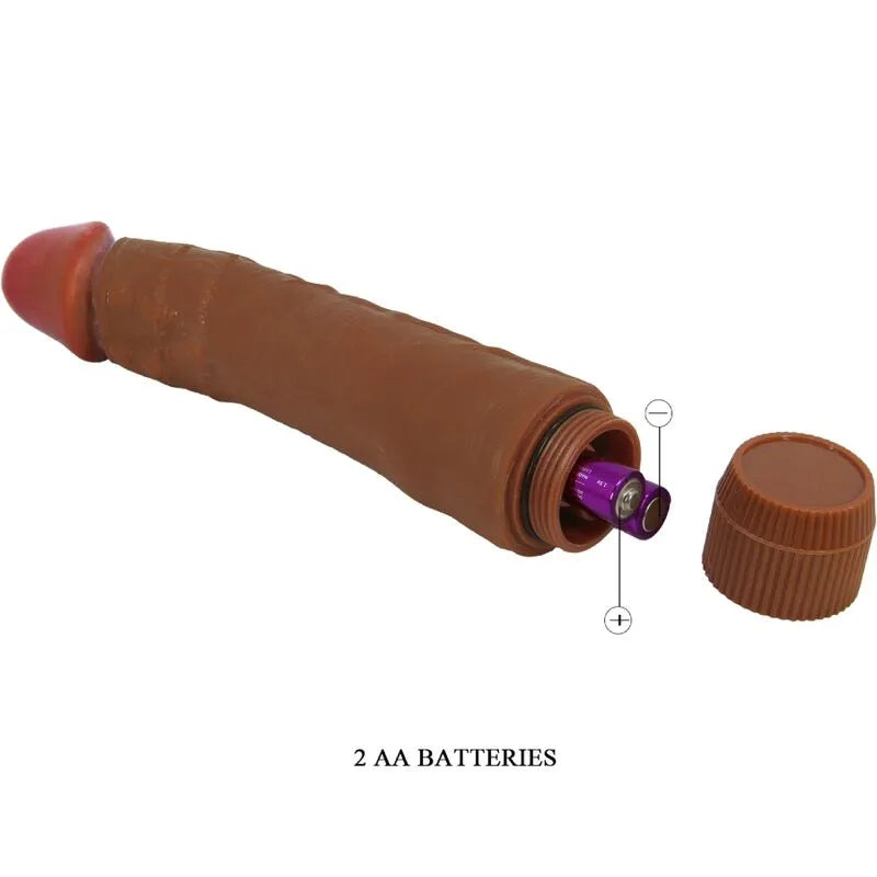 Vibromasseur réaliste mulâtre 24 cm, texture veinée, couleur peau, fonction vibration, alimenté par 2 piles AA.