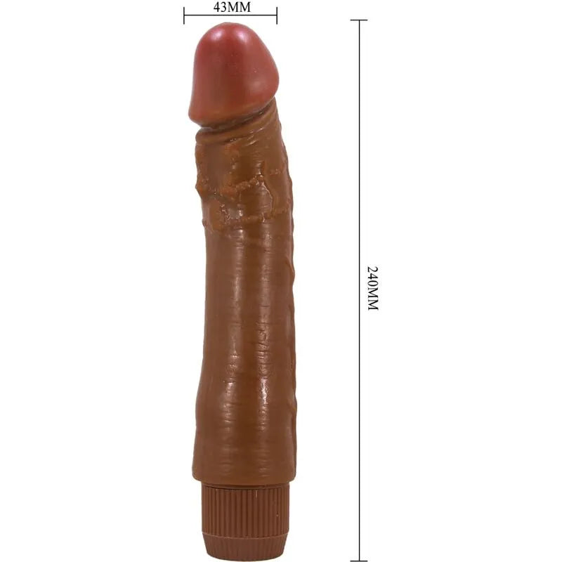 Vibromasseur réaliste mulâtre 24 cm, tige veinée, couleur chair, tête rouge, fonction vibration, plaisir intense.