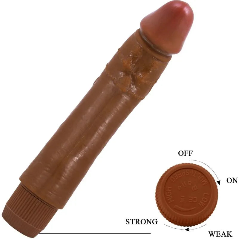 Vibromasseur réaliste mulâtre 24 cm, texture veinée, couleur peau, bouton réglable, expérience intense et réaliste.