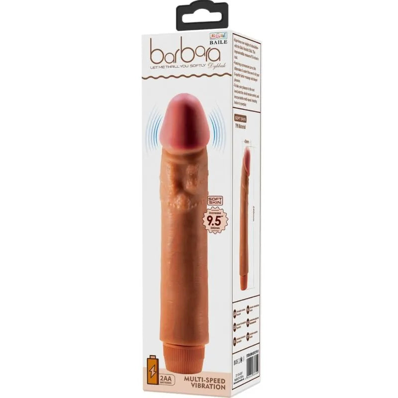 Vibromasseur réaliste mulâtre 24 cm avec tige veinée, fonction vibration, emballage Baile, expérience sensorielle intense.