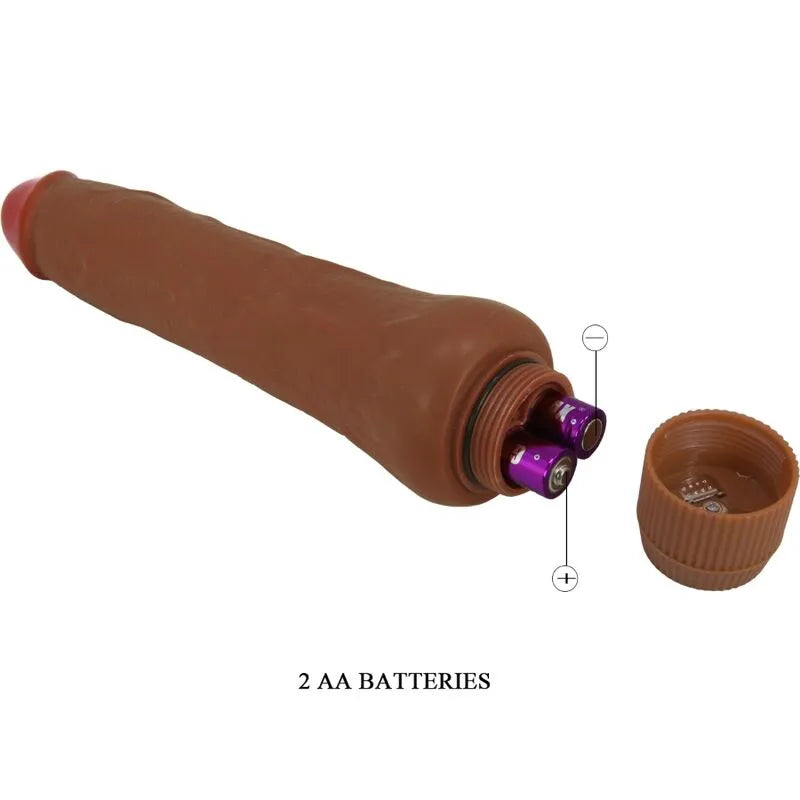 Vibromasseur réaliste mulâtre 25 cm avec texture veinée, embout rouge, compartiment à piles ouvert, fonction vibration.