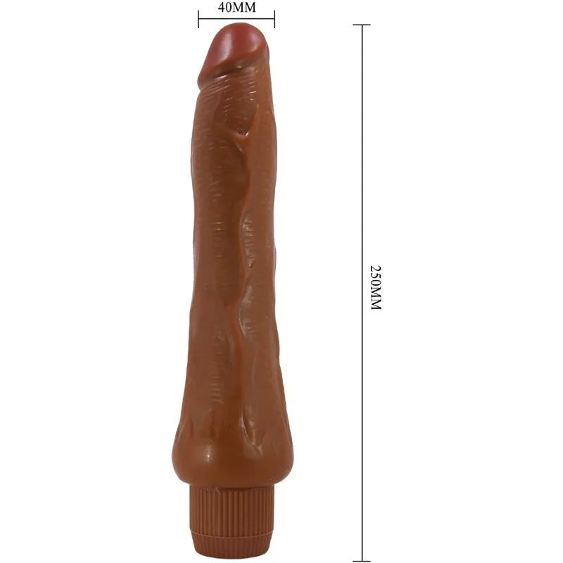 Vibromasseur réaliste mulâtre 25 cm avec tige veinée, couleur peau, fonction vibration, pour expérience authentique.