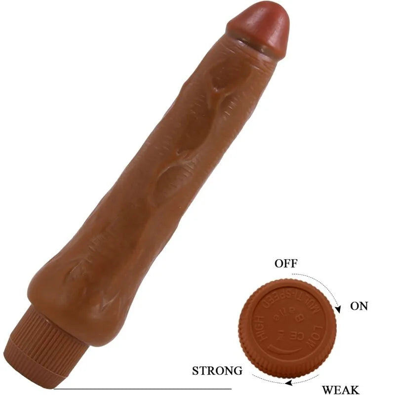 Vibromasseur réaliste marron 25 cm avec tige veinée et bouton de réglage pour vibrations, idéal pour plaisir intense.