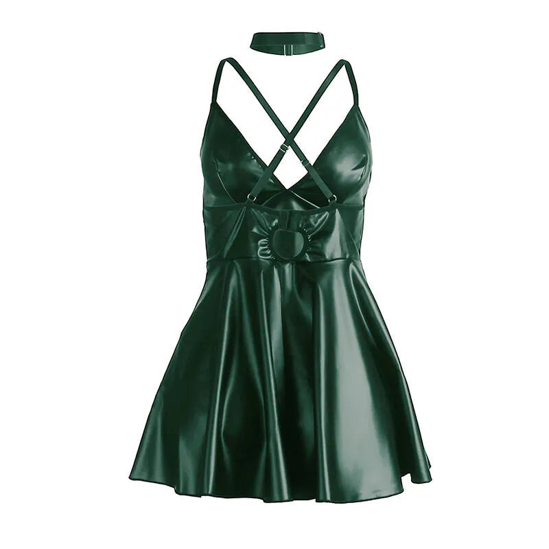 Chemise de nuit verte en cuir PU, bretelles croisées, élégante et sensuelle, SUBBLIME, ajustable pour silhouette raffinée.