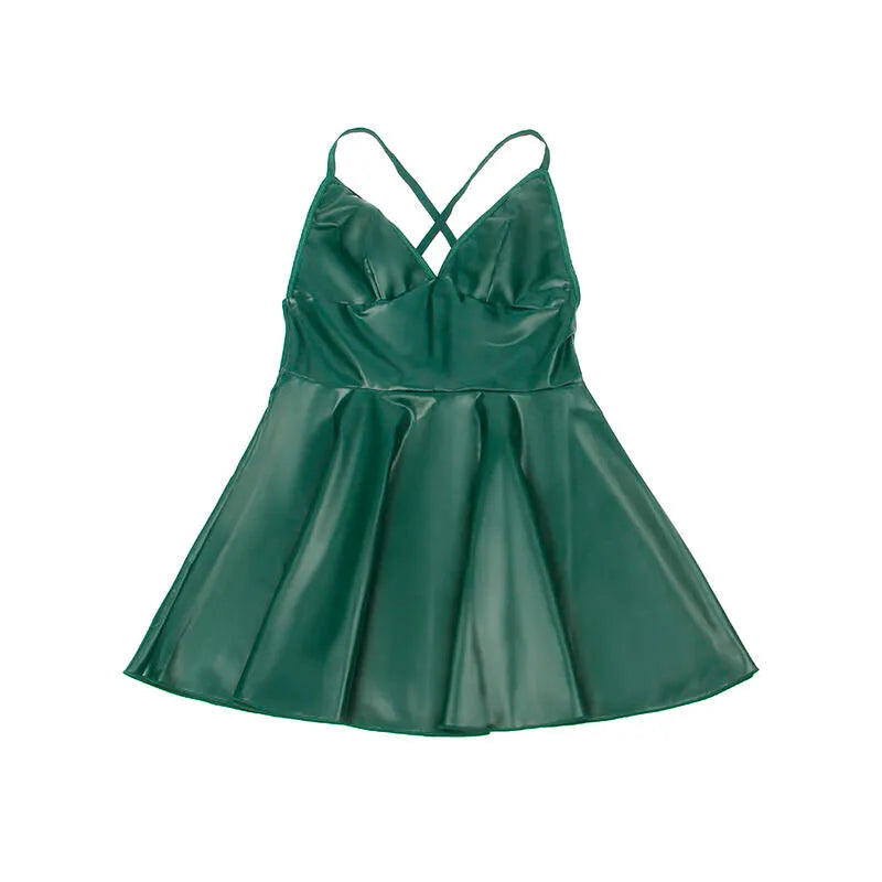 Chemise de nuit verte en cuir PU, bretelles ajustables, élégante et sensuelle, mettant en valeur la silhouette.