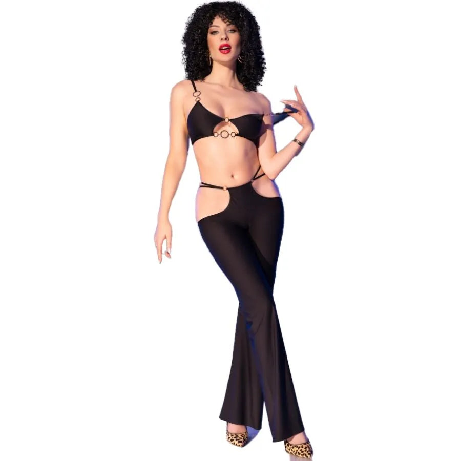 CHILIROSE - CR 4851 ENSEMBLE TOP ET LEGGINGS NOIRS AVEC ACCESSOIRES DORÉS