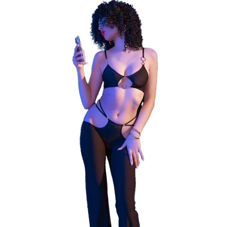 CHILIROSE - CR 4851 ENSEMBLE TOP ET LEGGINGS NOIRS AVEC ACCESSOIRES DORÉS