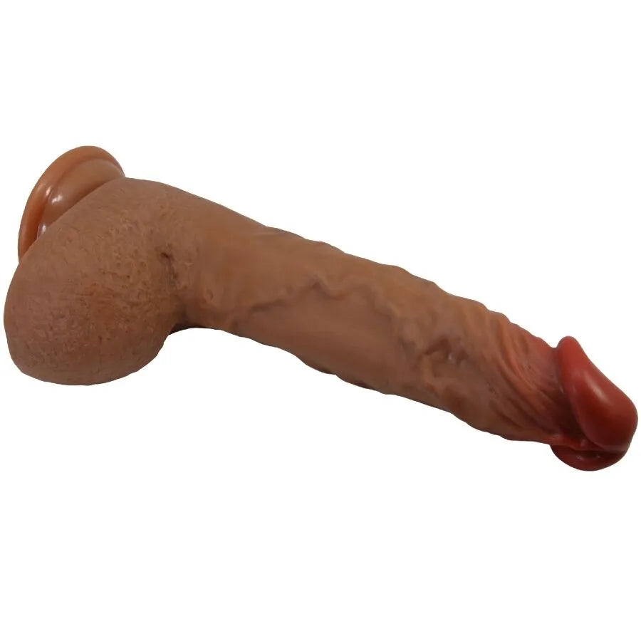 Dildo réaliste Baile 25 cm, couleur mulato, avec veines, gland et ventouse, 5 modes vibration et rotation.