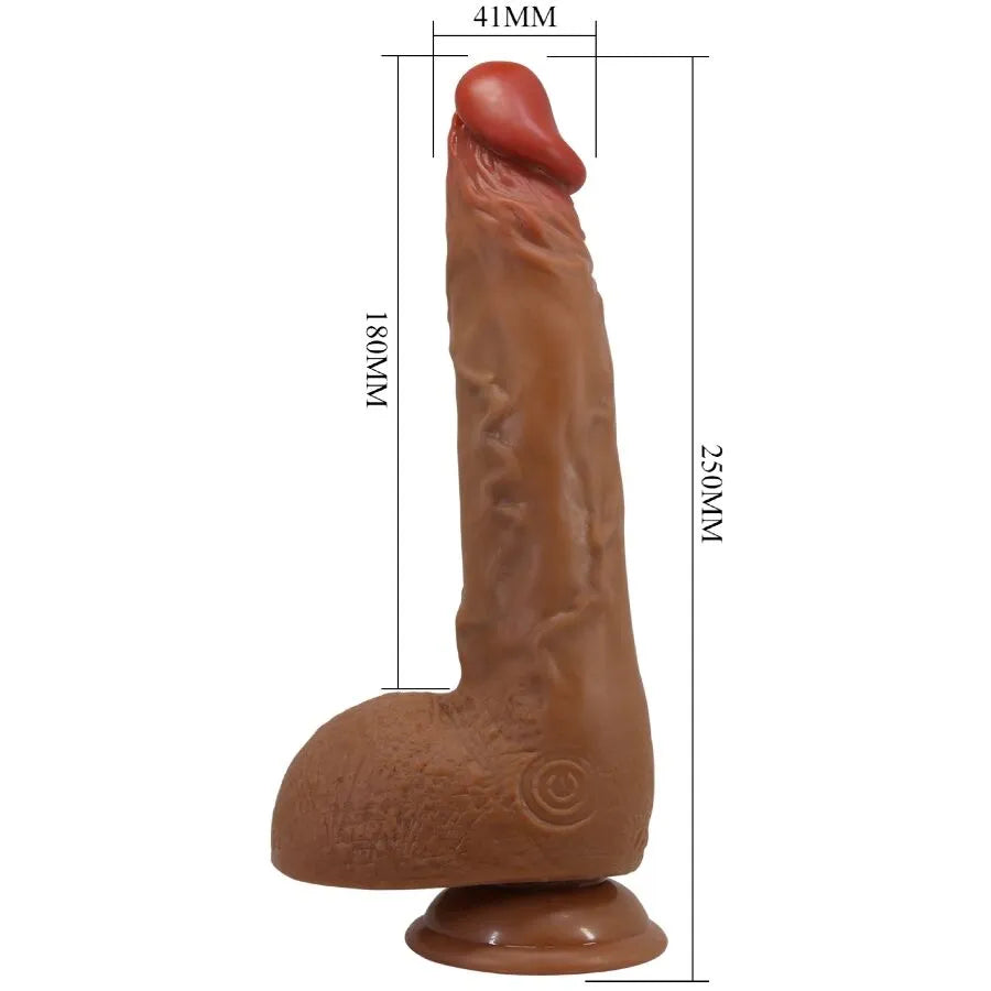 Vibromasseur réaliste marron 25 cm avec ventouse, détails veineux et gland prononcé, 5 modes de vibration et rotation.