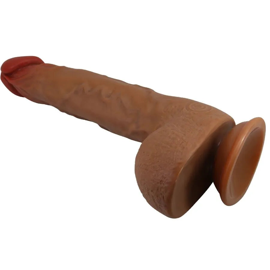 Vibrateur réaliste mulato 25 cm avec ventouse, détails veinés et gland prononcé, 5 réglages de vibration et rotation.