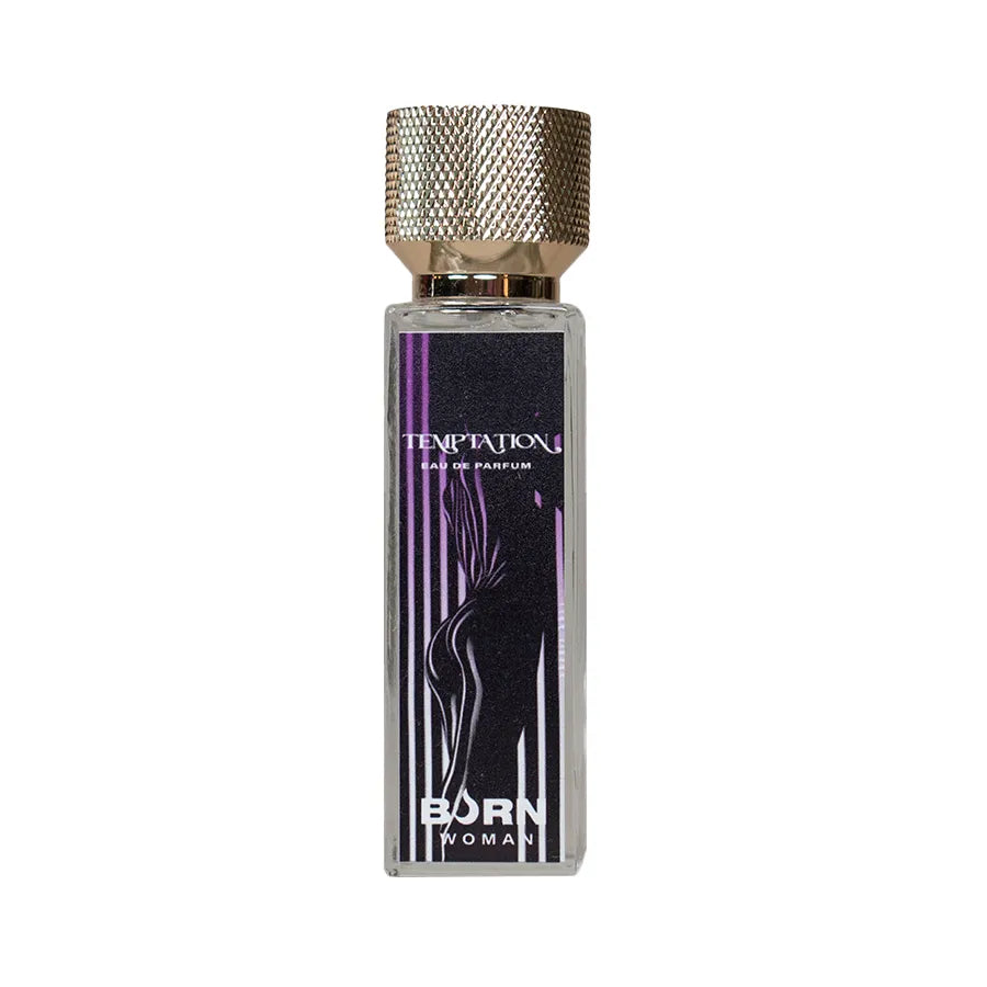 Flacon de parfum Burn Temptation 20 ml, design élégant avec bouchon doré et étiquette noire et violette.