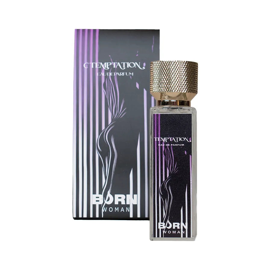 Flacon de parfum Burn Temptation Femme 20 ml, design élégant avec motifs féminins, boîte assortie noire et violette.