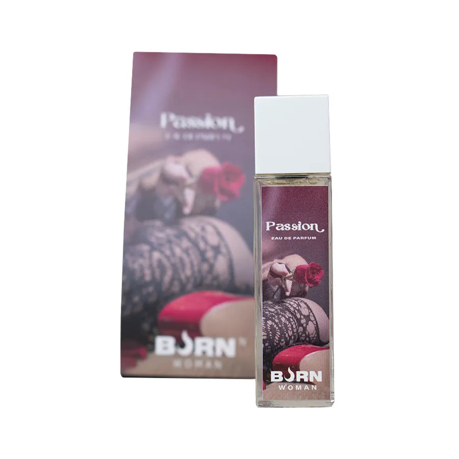 Flacon de parfum Burn Passion Femme 20 ml, design élégant, boîte assortie, notes sensuelles et raffinées.