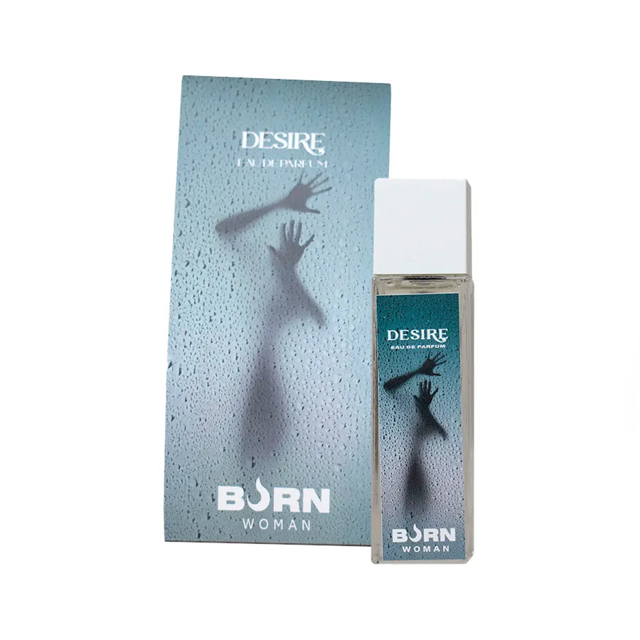 Flacon de parfum Burn Desire Femme 20 ml, design élégant, boîte bleue avec silhouette féminine, format compact.