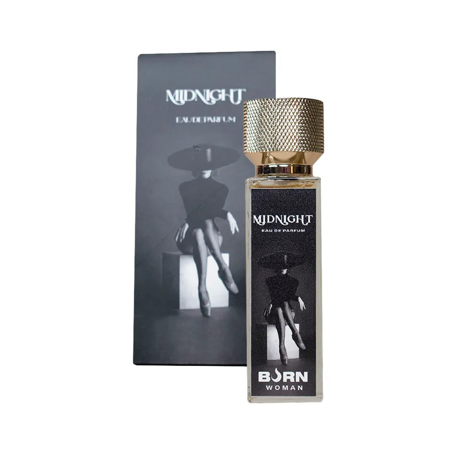 Flacon de parfum Burn Midnight 20 ml pour femme, design élégant noir et doré, boîte assortie en arrière-plan.