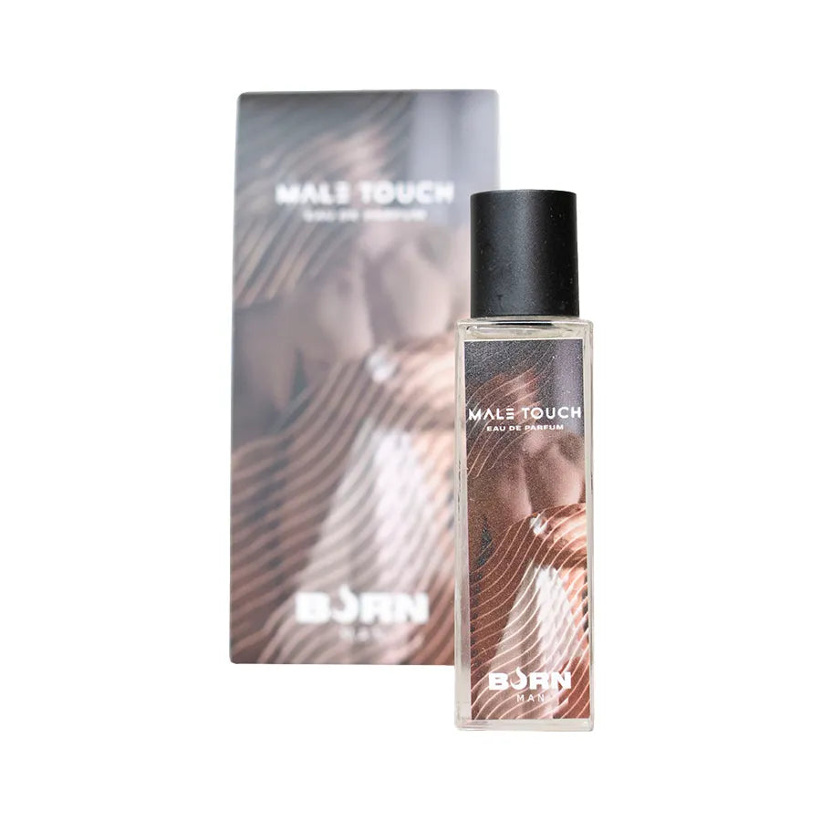 Flacon de parfum Burn Male Touch 20 ml, design élégant, fond noir et marron, reflet moderne de force et séduction masculine.