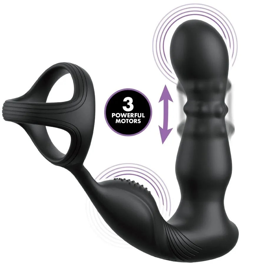 Anneau anal vibrant noir avec perles de plaisir et télécommande, design ergonomique pour stimulation prostatique.