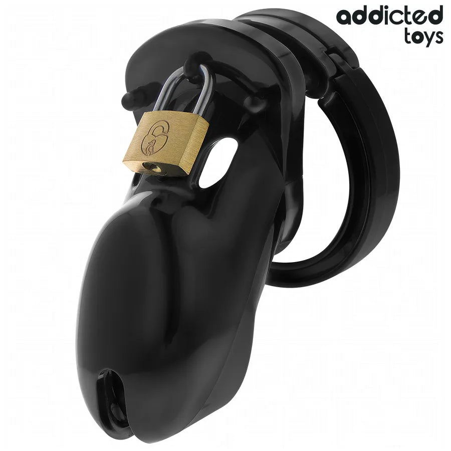 Cage de chasteté noire pour homme avec cadenas, sécurité et confort pour jeux de domination et soumission.