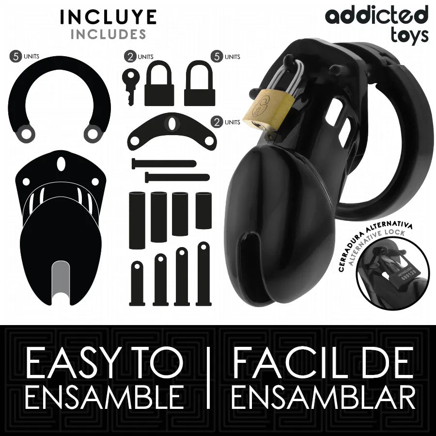 Cage de chasteté noire en obsidienne, design ergonomique, accessoires inclus, pour domination et soumission sécurisée.